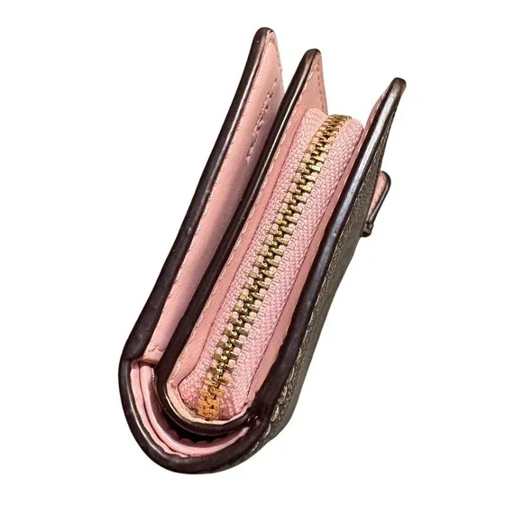 Coach Medium Corner Zip Wallet Signature Canvas Khaki Pink - Picture 4 of 12